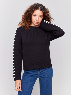 Charlie B Fall 2024-C2697-001-Knit Sweater W/Shoulder Stitch Details-Black