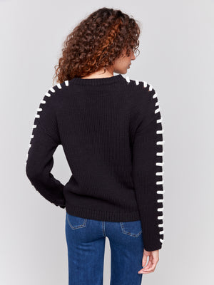 Charlie B Fall 2024-C2697-001-Knit Sweater W/Shoulder Stitch Details-Black