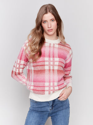 Charlie B Fall 2024-C2709-P017-Plaid Space Dye Sweater-Magenta