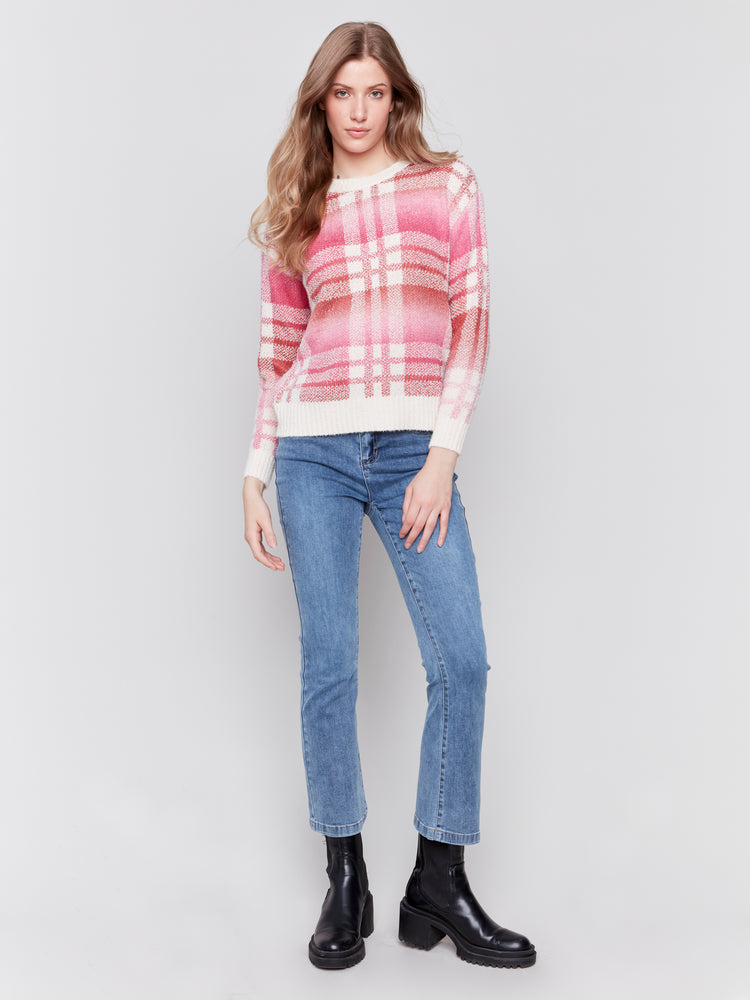 Charlie B Fall 2024-C2709-P017-Plaid Space Dye Sweater-Magenta