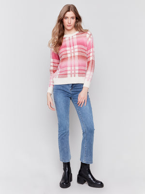 Charlie B Fall 2024-C2709-P017-Plaid Space Dye Sweater-Magenta