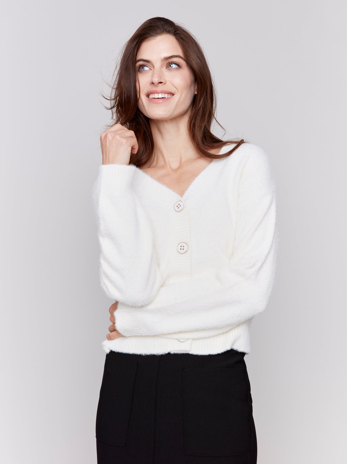 Charlie B Fall 2024-C2744-276-Hairy Knit Cardigan-Ecru - The Coach Pyramids