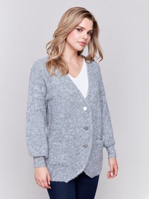 Charlie B Fall 2024-C2747-008-Boucle Knit Long Cardigan-H-Grey