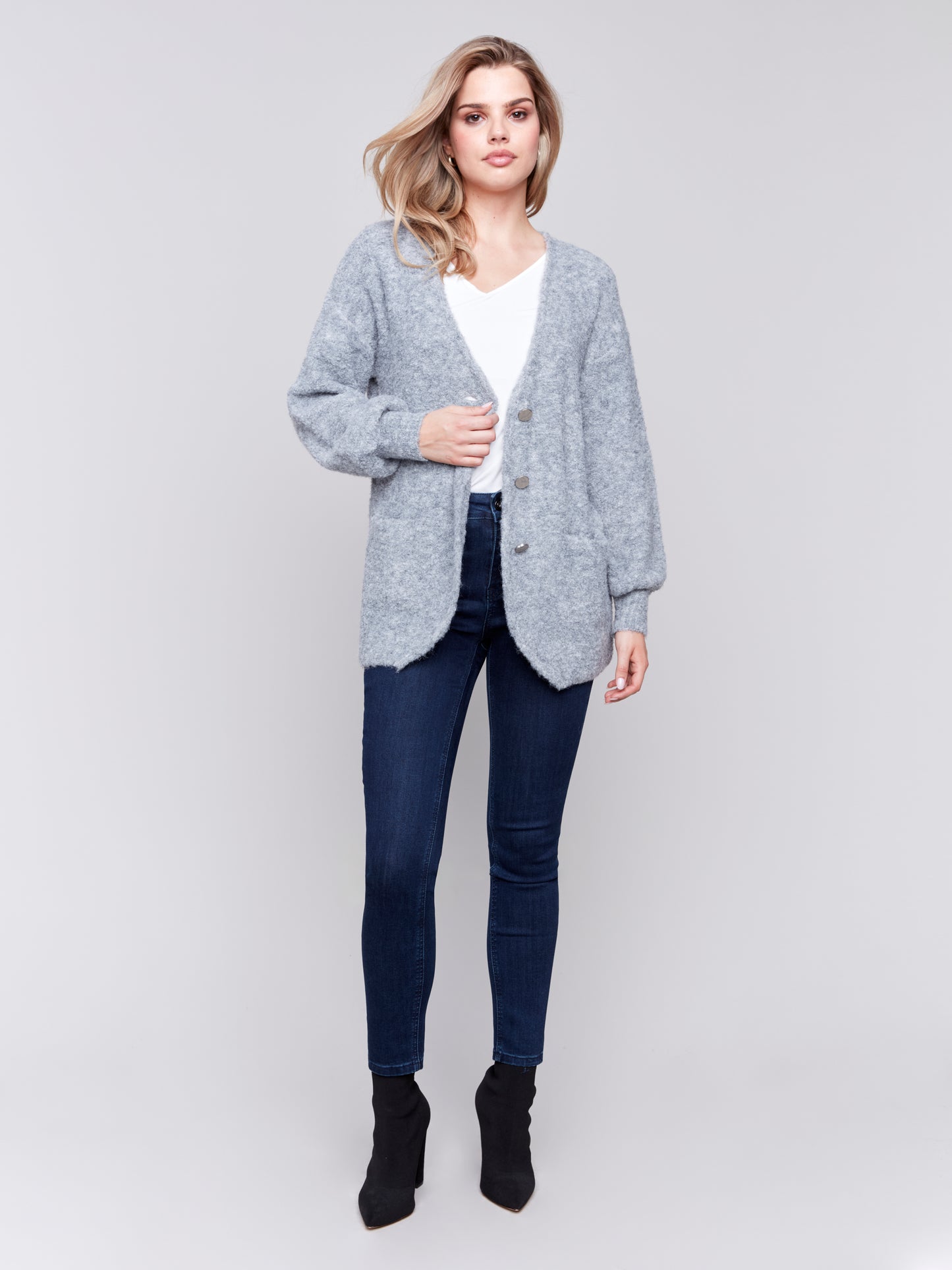 Charlie B Fall 2024-C2747-008-Boucle Knit Long Cardigan-H-Grey - The Coach Pyramids
