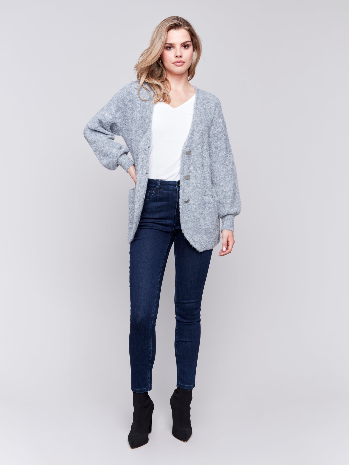 Charlie B Fall 2024-C2747-008-Boucle Knit Long Cardigan-H-Grey - The Coach Pyramids