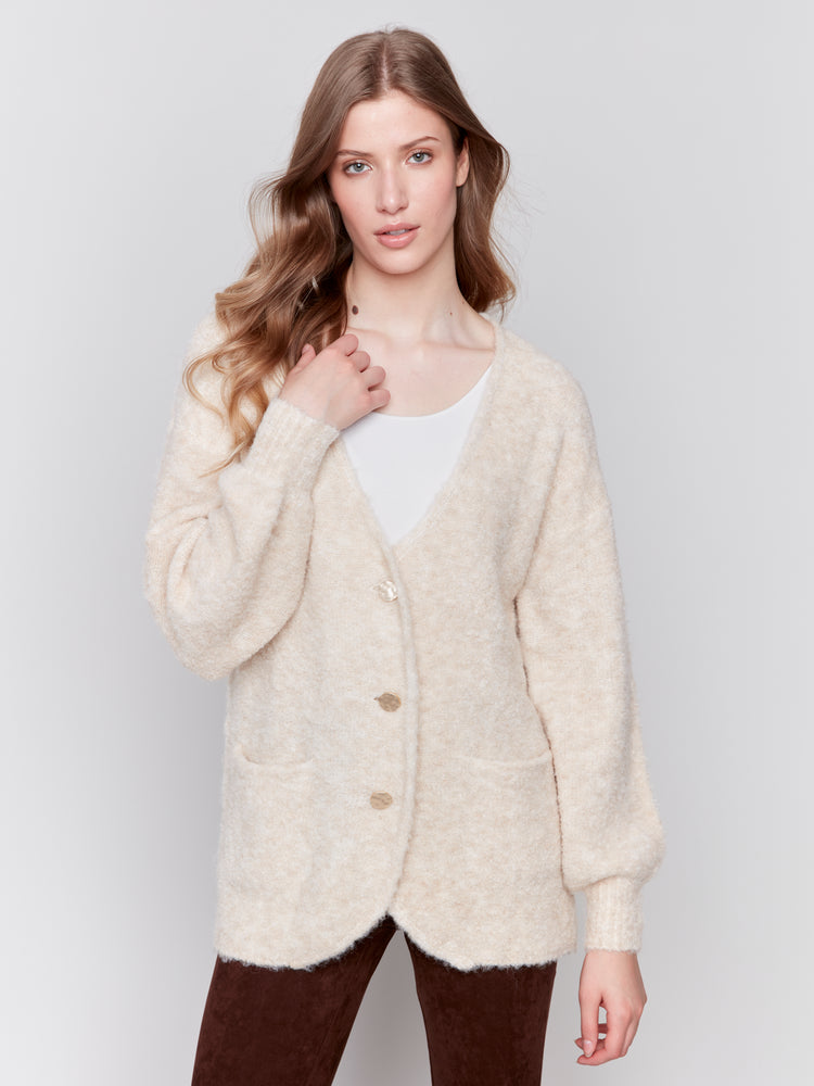 Charlie B Fall 2024-C2747-537-Boucle Knit Long Cardigan-H-Beige