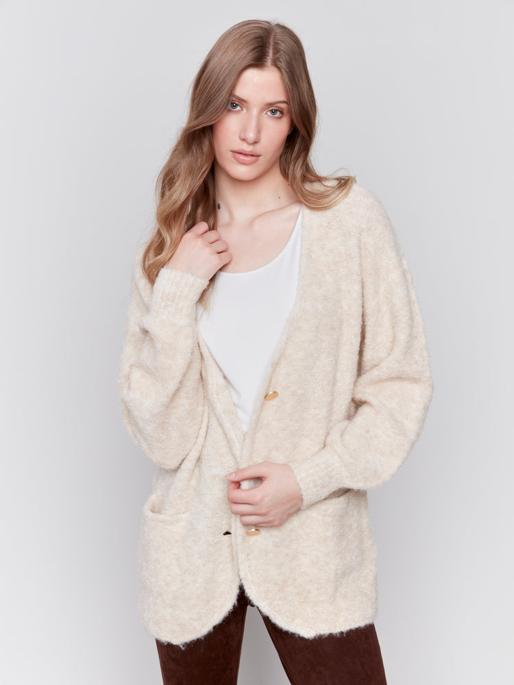 Charlie B Fall 2024-C2747-537-Boucle Knit Long Cardigan-H-Beige