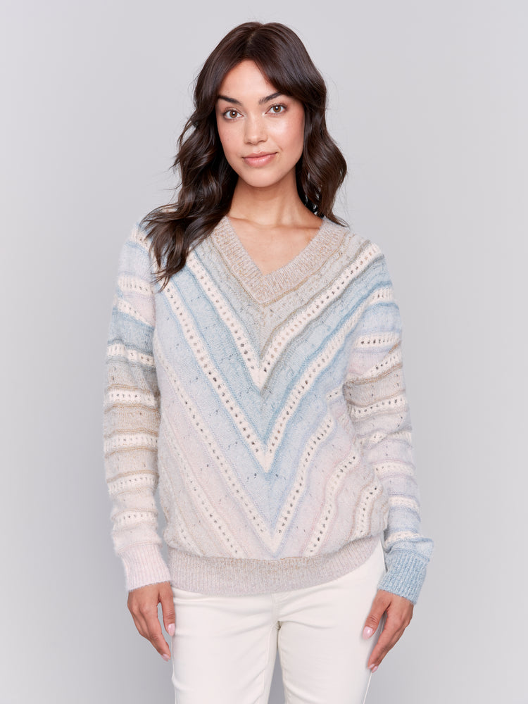 Charlie B Fall 2024-C2756-P655-Ombre Chevron Knit Sweater-Frost