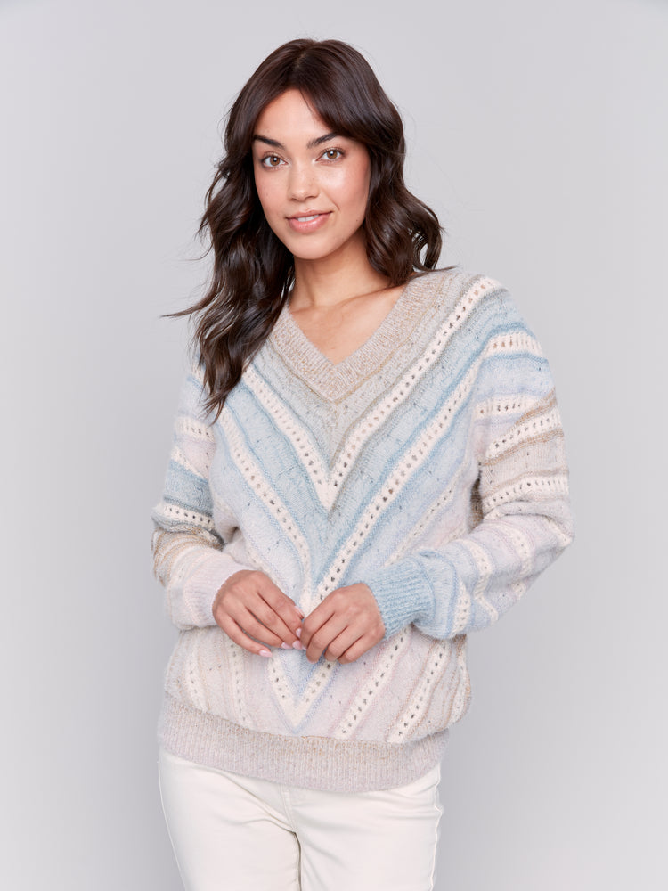 Charlie B Fall 2024-C2756-P655-Ombre Chevron Knit Sweater-Frost