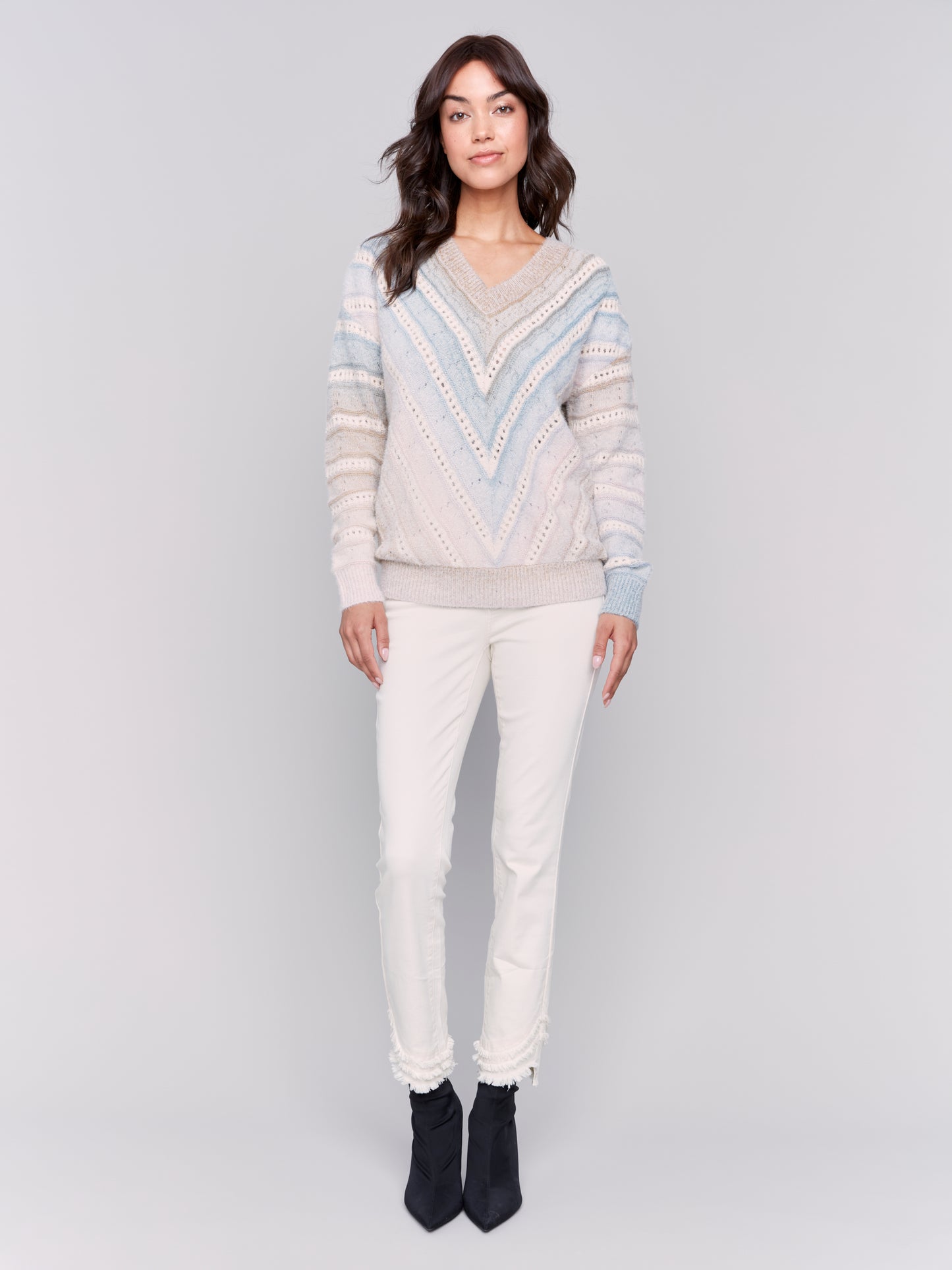 Charlie B Fall 2024-C2756-P117-Ombre Chevron Knit Sweater-Navy - The Coach Pyramids