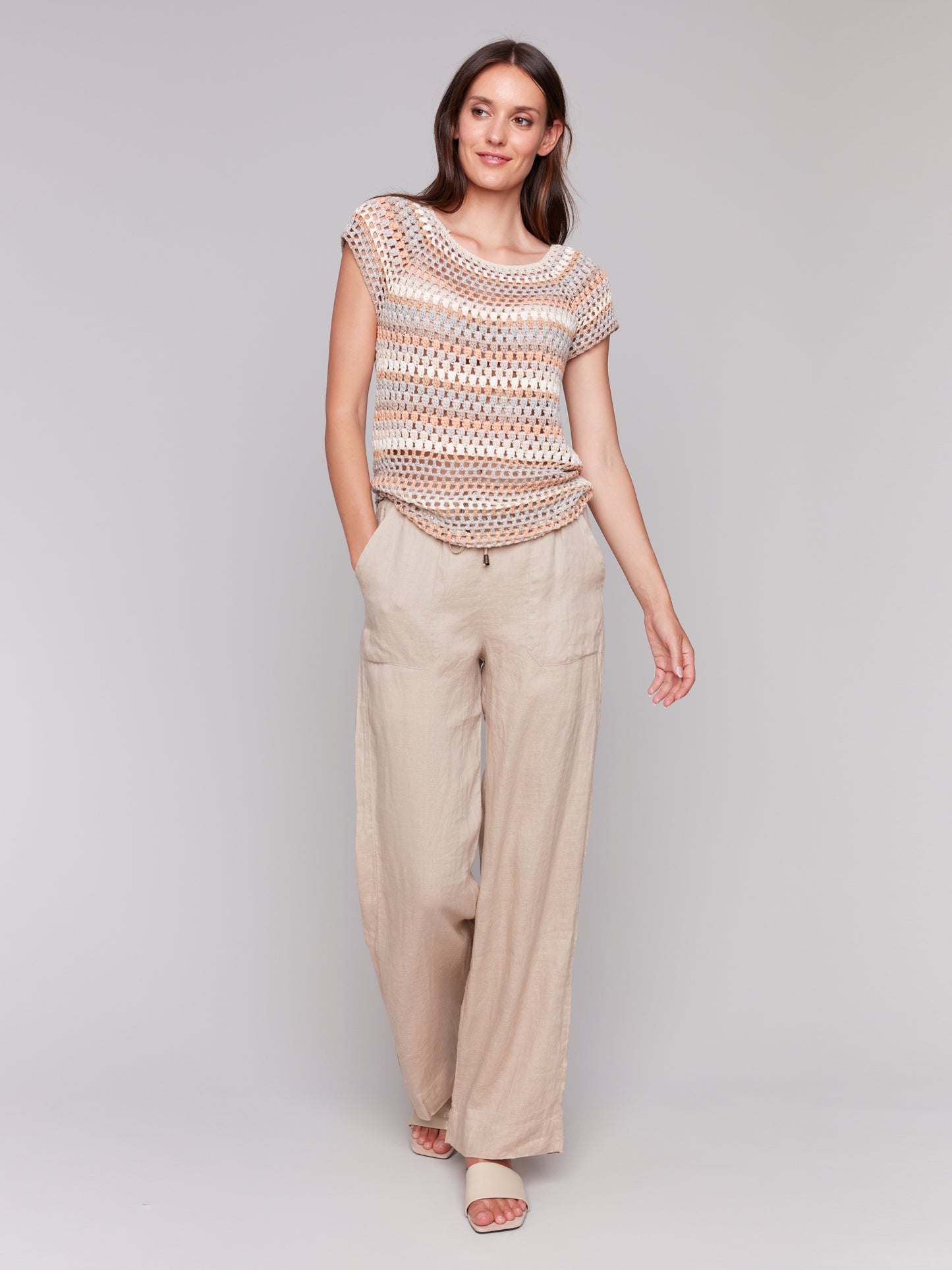 Charlie B Spring/Summer 2025-C2778-P804-Raglan Cap Sleeve Crochet Top-Pebble - The Coach Pyramids