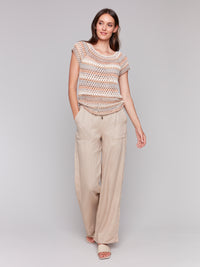 Charlie B Spring/Summer 2025-C2778-P804-Raglan Cap Sleeve Crochet Top-Pebble - The Coach Pyramids