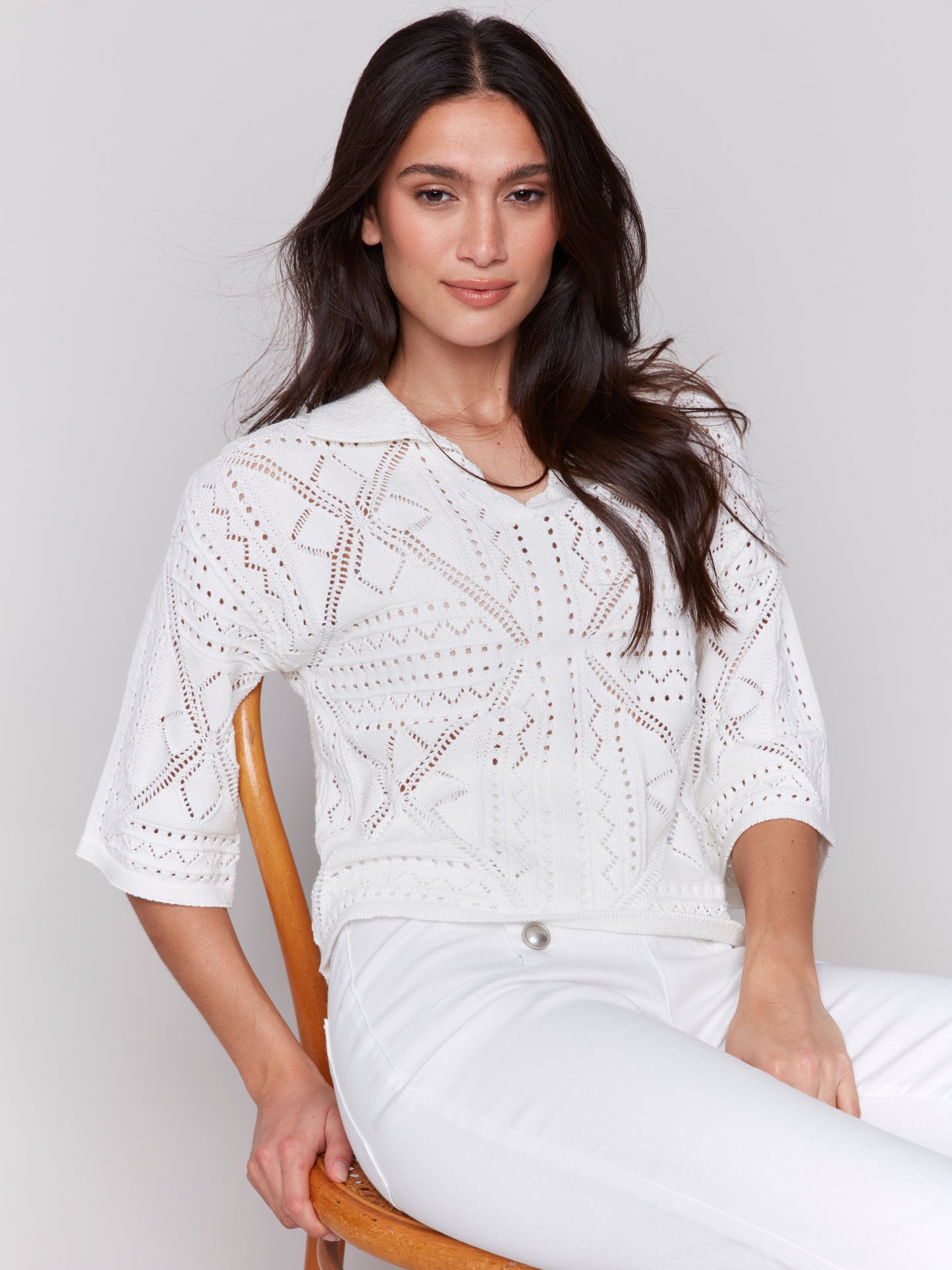 Charlie B Spring/Summer 2025-C2783-165C-Johnny Collar Pointelle Sweater-White - The Coach Pyramids