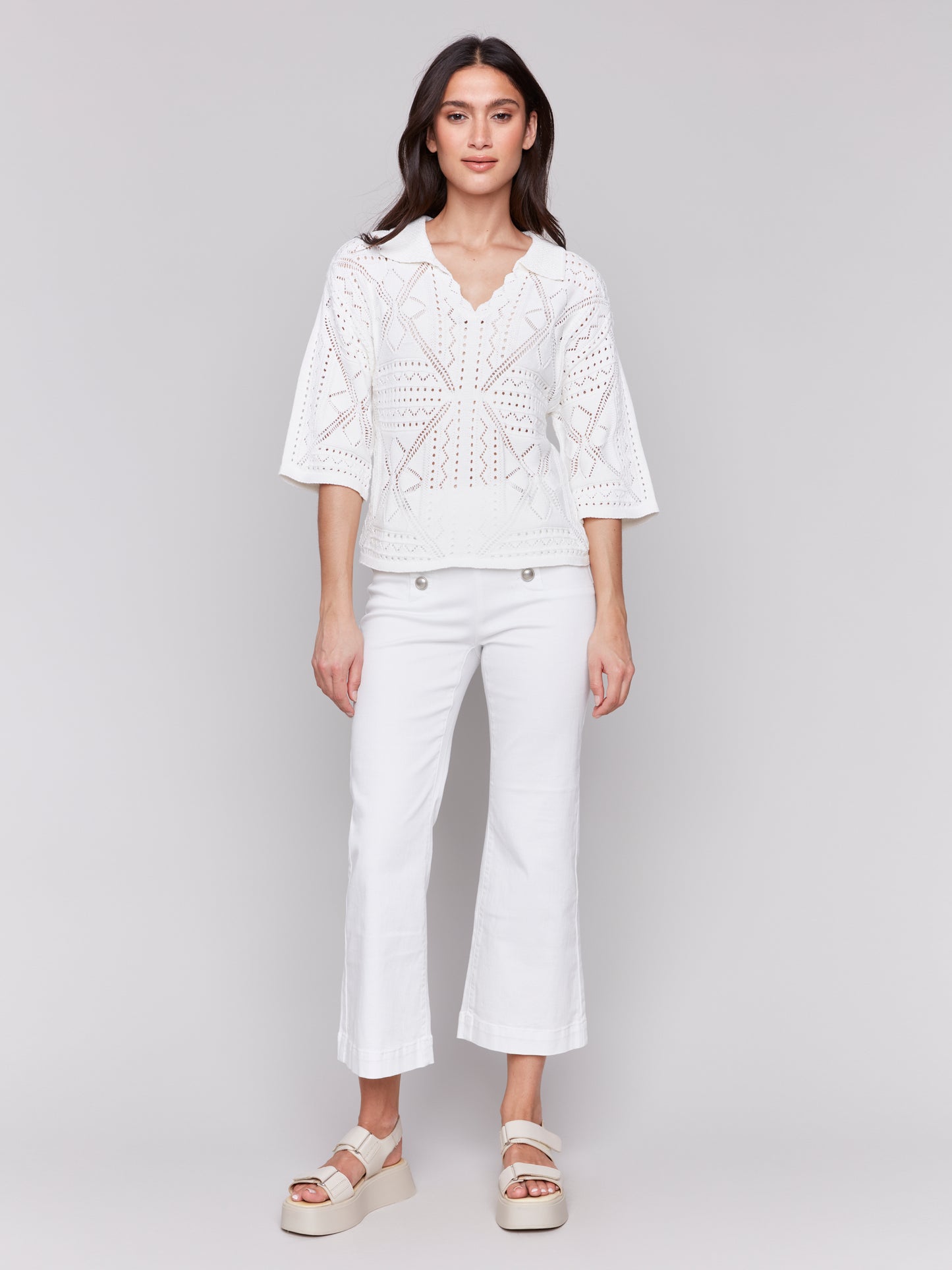 Charlie B Spring/Summer 2025-C2783-165C-Johnny Collar Pointelle Sweater-White - The Coach Pyramids