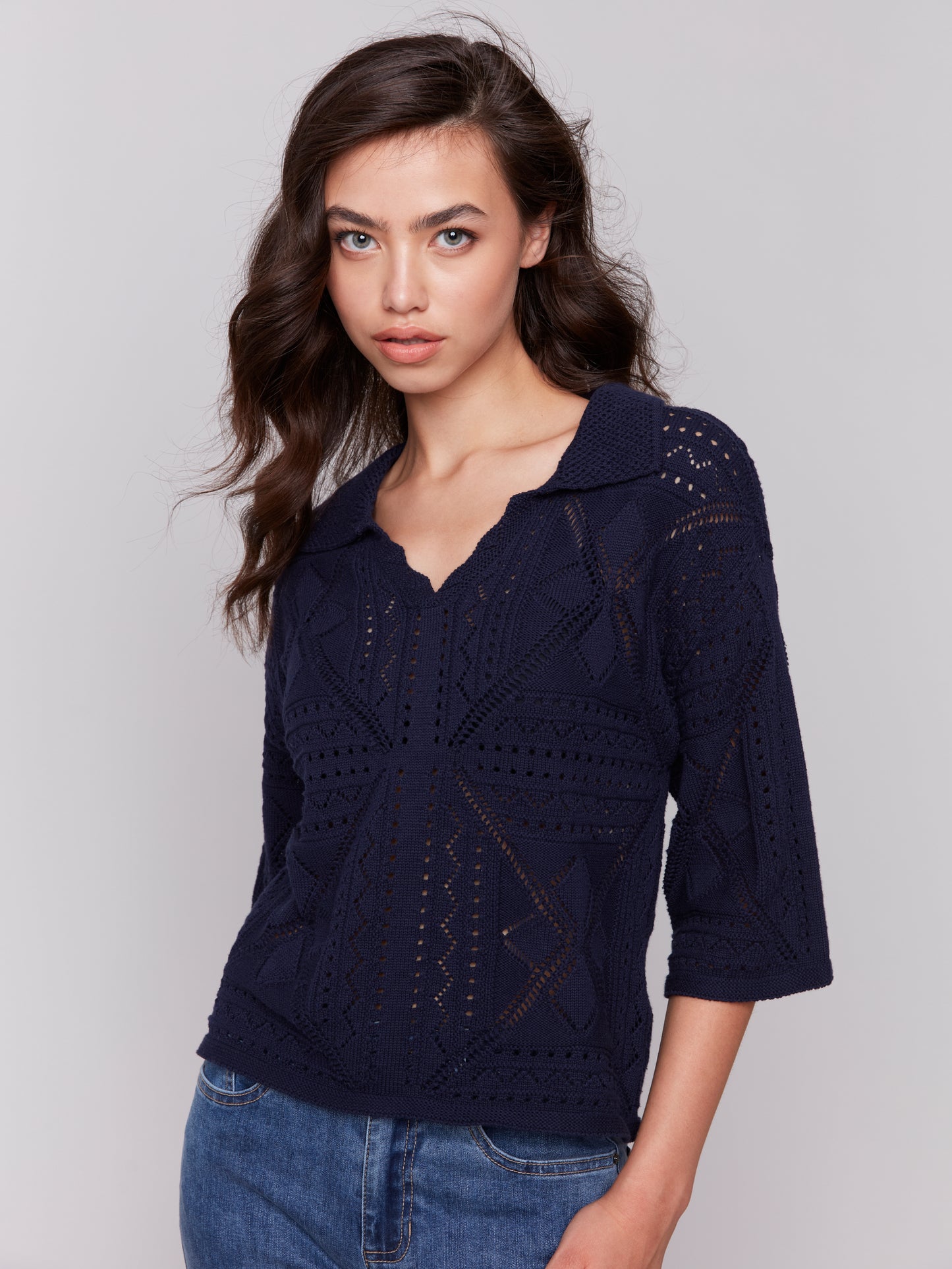 Charlie B Spring/Summer 2025-C2783-165C-Johnny Collar Pointelle Sweater-Navy - The Coach Pyramids