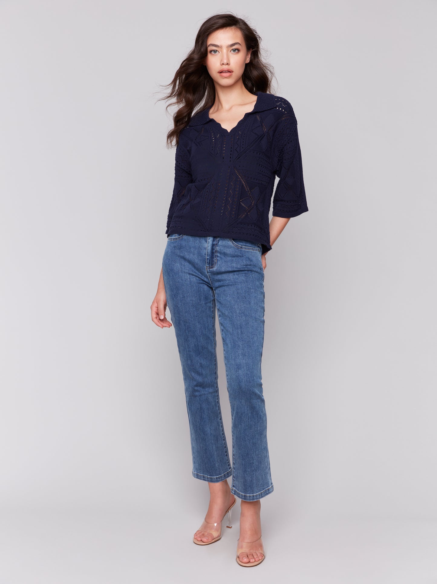 Charlie B Spring/Summer 2025-C2783-165C-Johnny Collar Pointelle Sweater-Navy - The Coach Pyramids