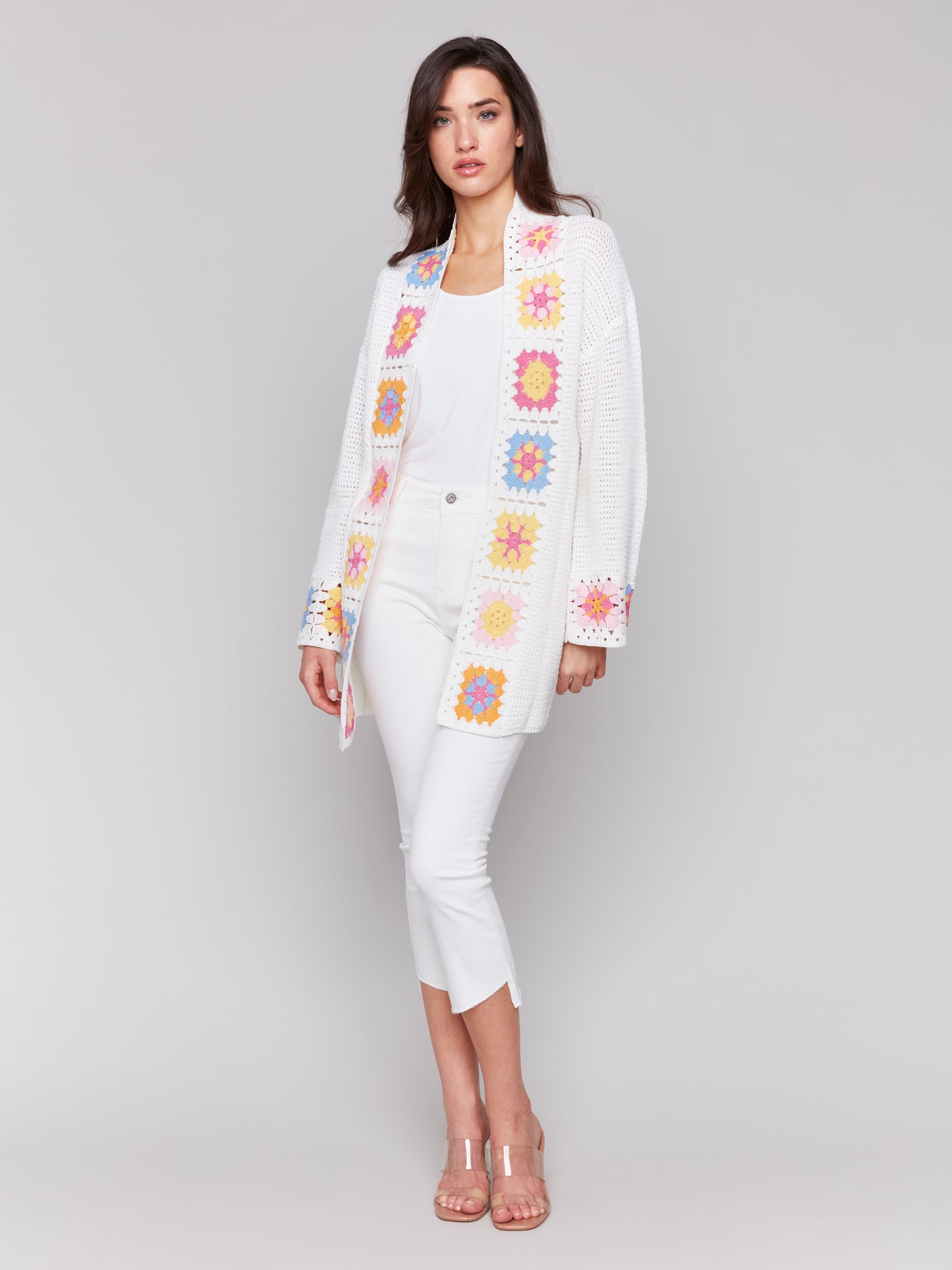Charlie B Spring/Summer 2025-C2789-100-Long Sleeve Knit Cardigan W/Crochet Border-Natural - The Coach Pyramids