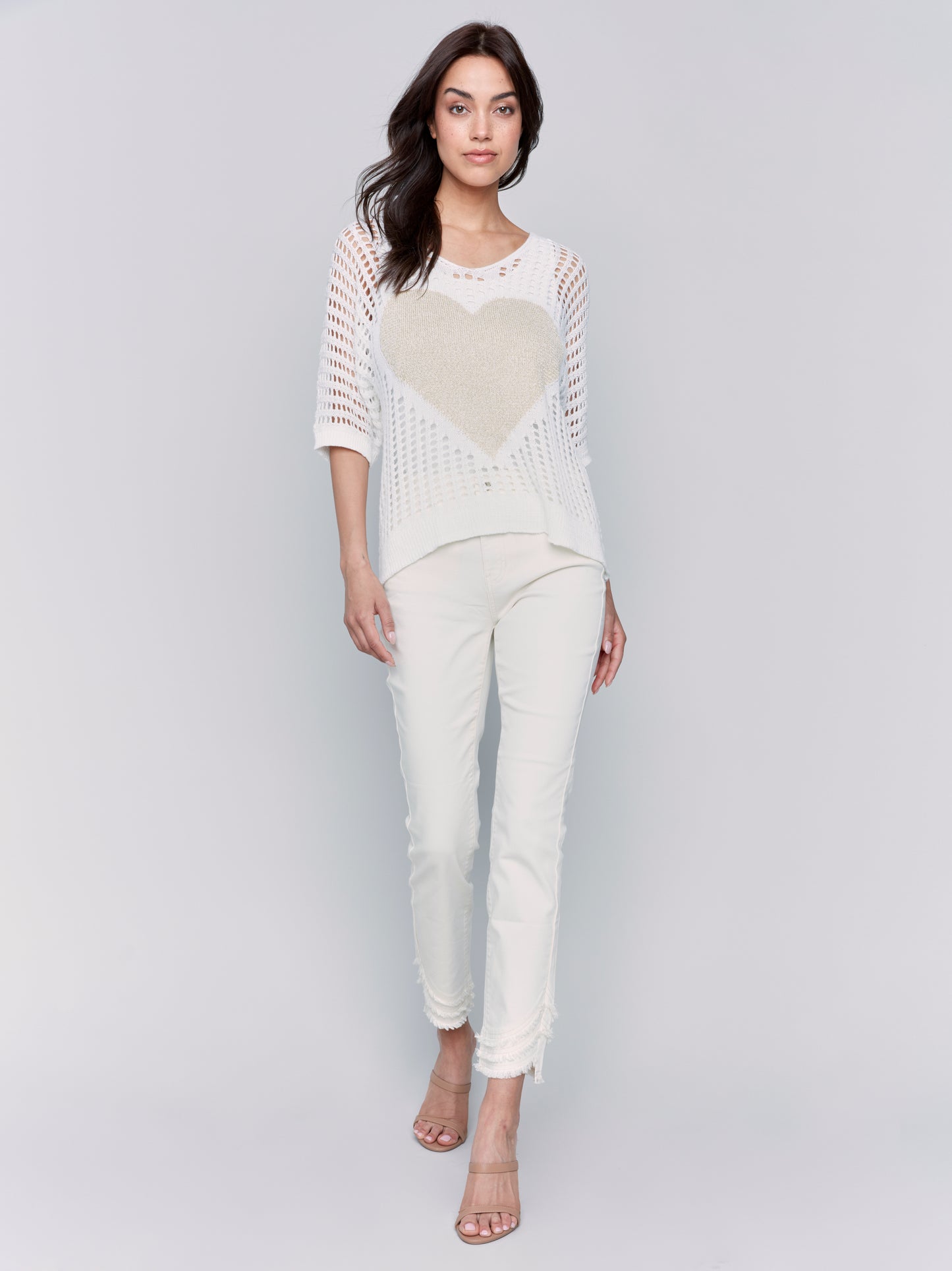 Charlie B Spring/Summer 2025-C2792-002-Fishnet V Neck Sweater W/Lurex Heart-White - The Coach Pyramids