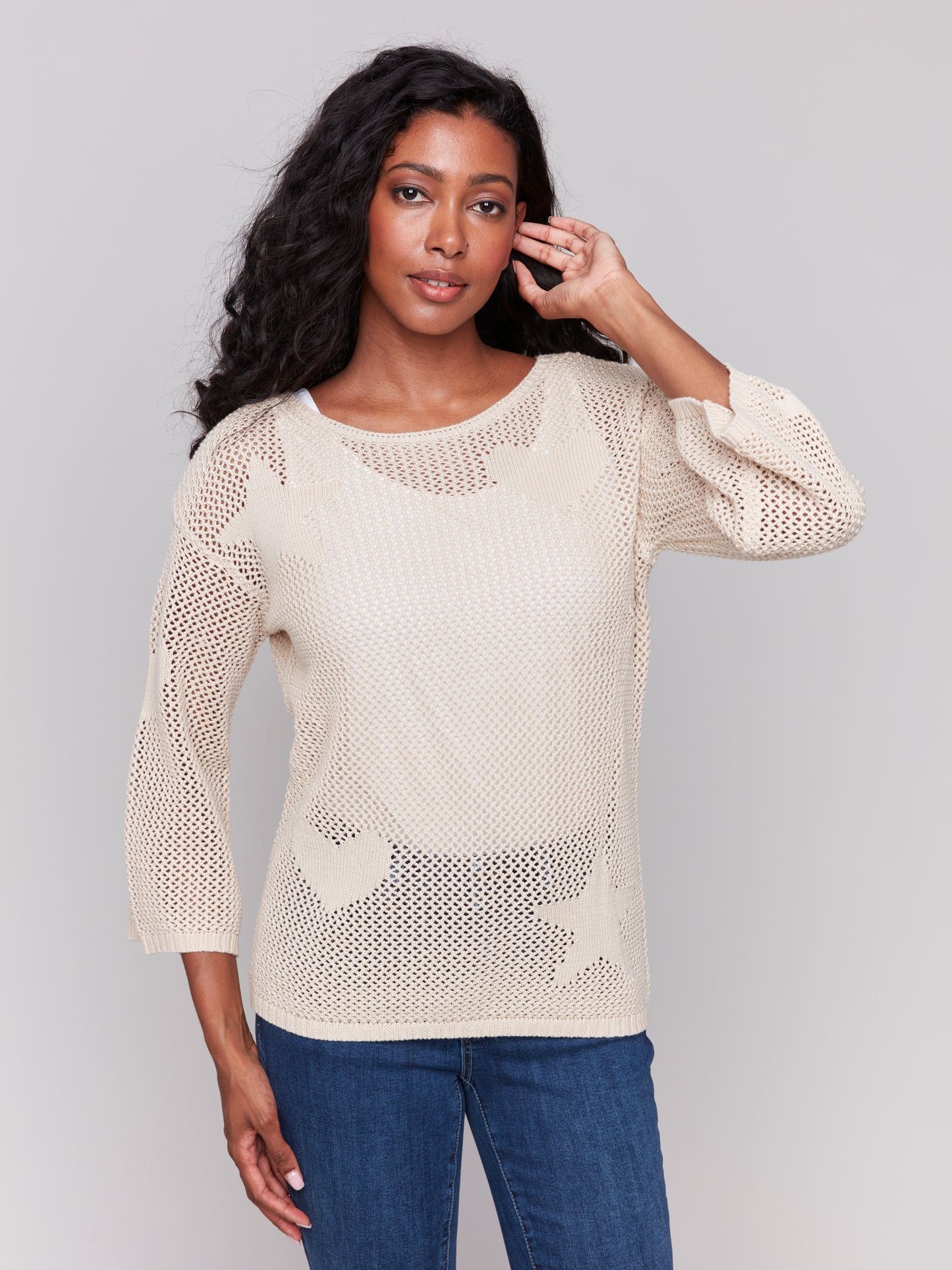 Charlie B Spring/Summer 2025-C2793-100-Crochet Jacquard Sweater-Natural - The Coach Pyramids