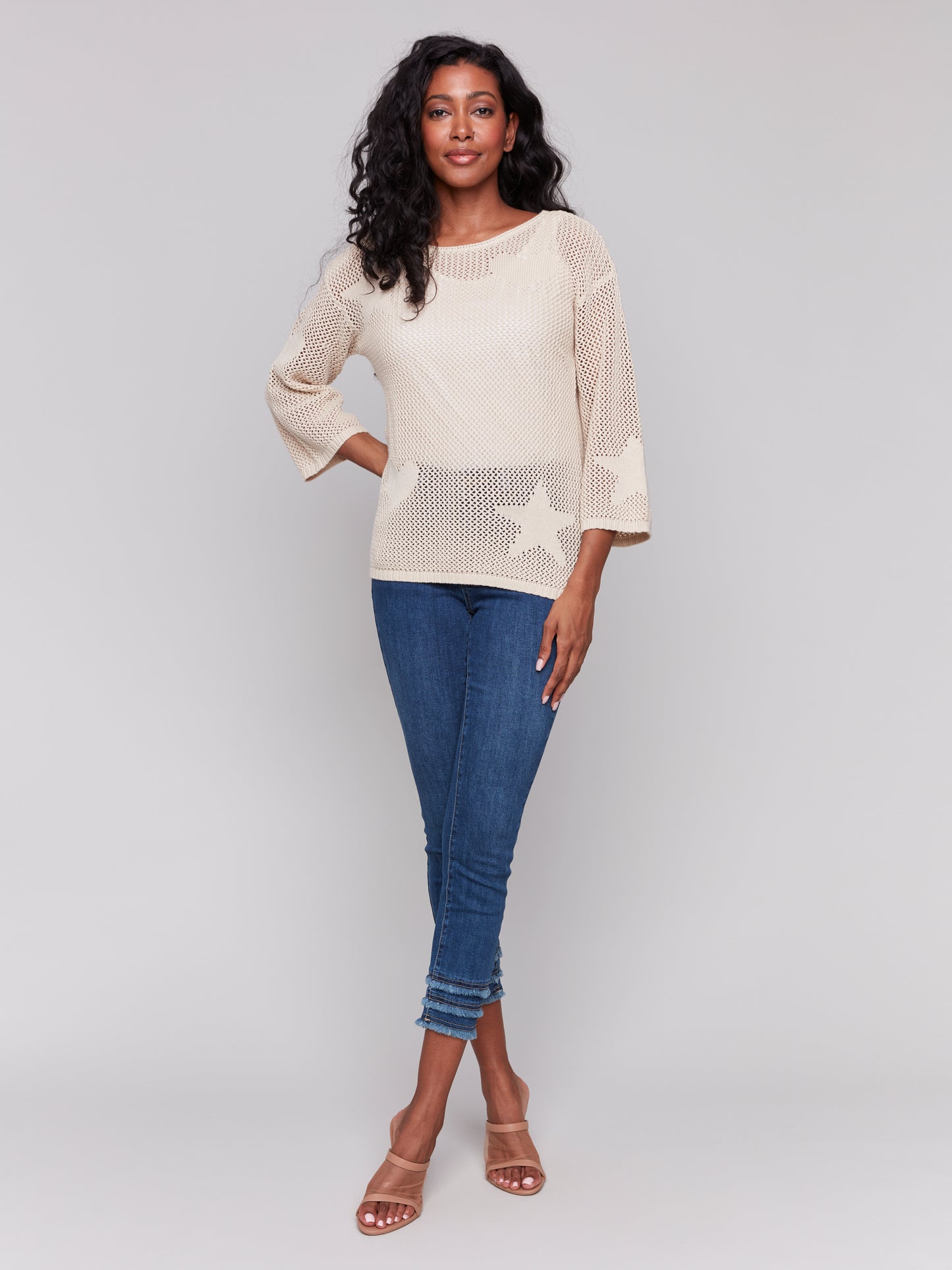 Charlie B Spring/Summer 2025-C2793-100-Crochet Jacquard Sweater-Natural - The Coach Pyramids