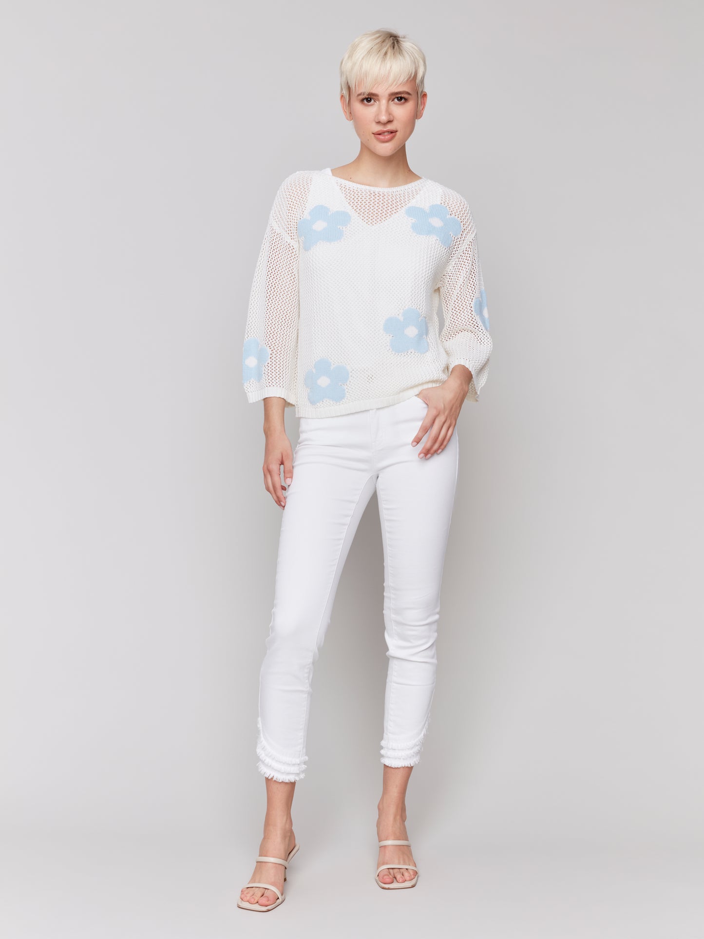 Charlie B Spring/Summer 2025-C2793-114C-Jacquard Sweater-White - The Coach Pyramids