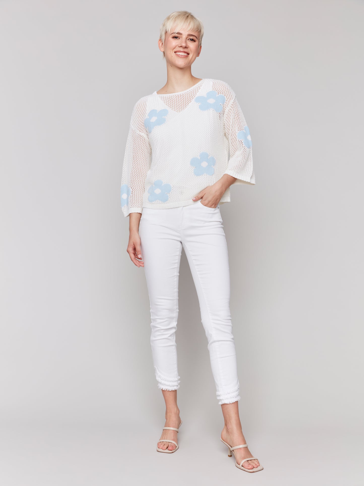 Charlie B Spring/Summer 2025-C2793-114C-Jacquard Sweater-White - The Coach Pyramids