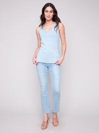 Charlie B Spring/Summer 2025-C2794-239-V Neck Knit Cami W/Lurex Thread-Blue Bell - The Coach Pyramids