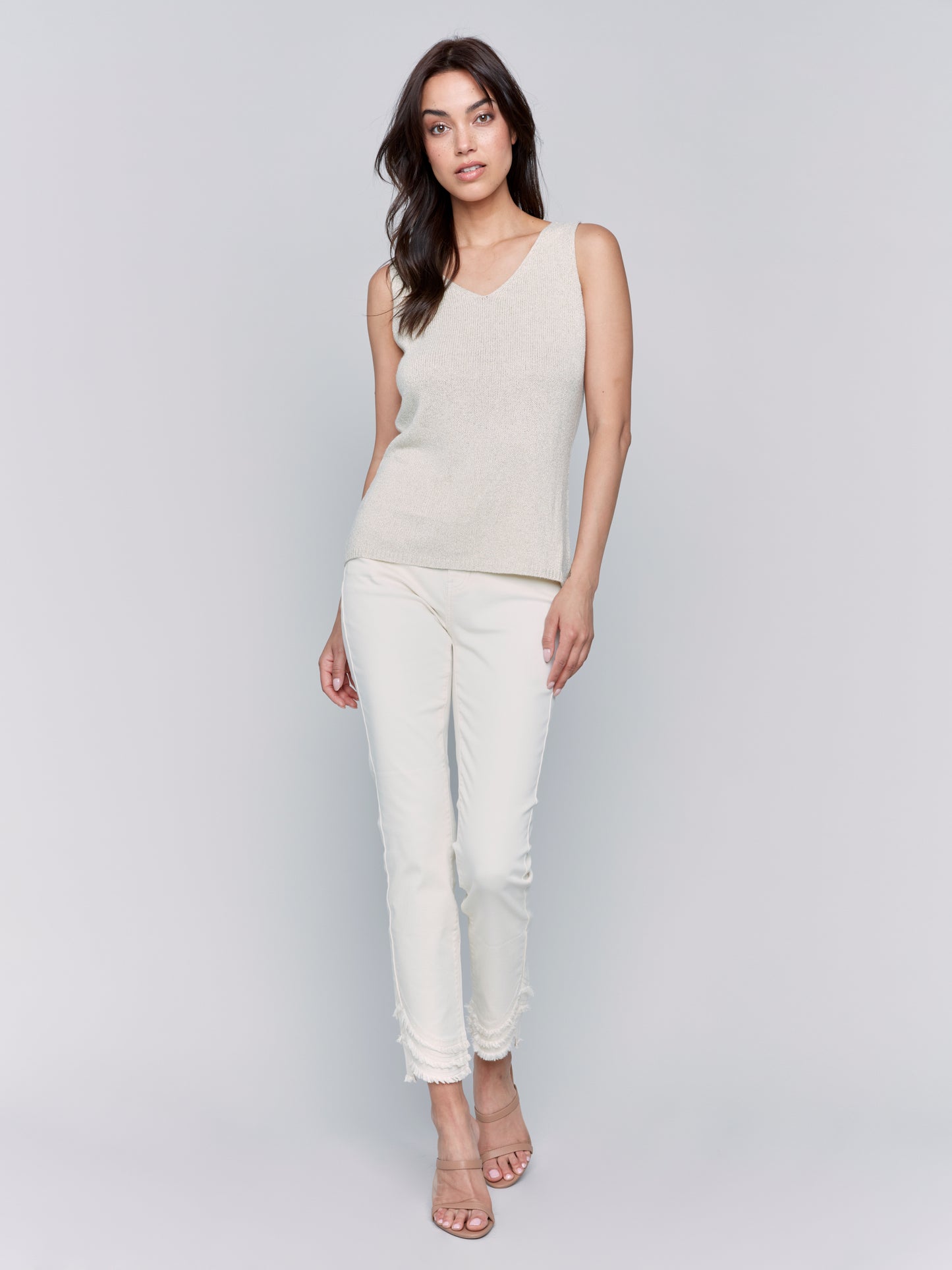Charlie B Spring/Summer 2025-C2794-515-V Neck Knit Cami W/Lurex Thread-Gold - The Coach Pyramids