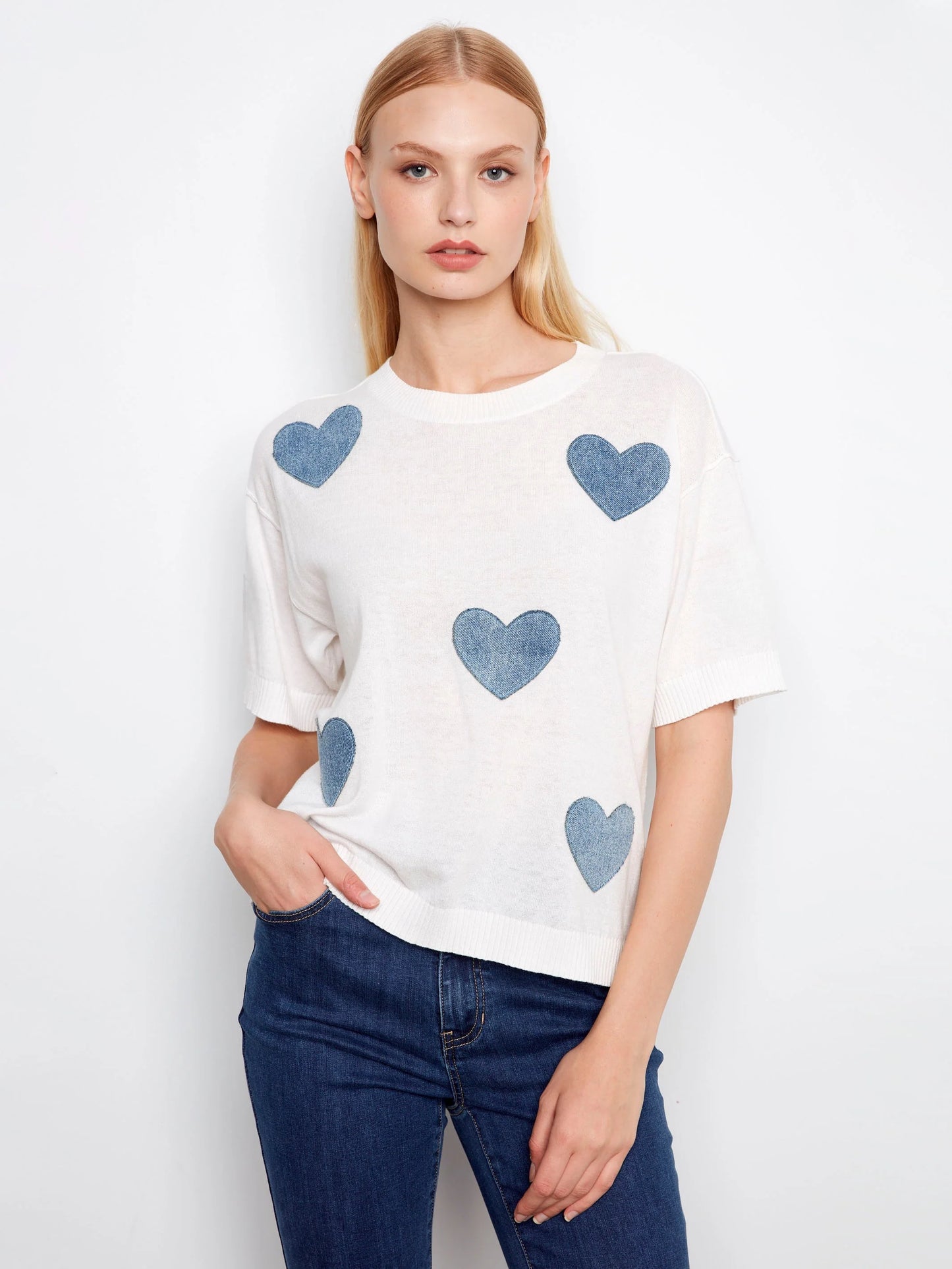 Charlie B-C2947H-P461-Short Sleeve Denim Patches Crew Neck Sweater-Hearts - The Coach Pyramids