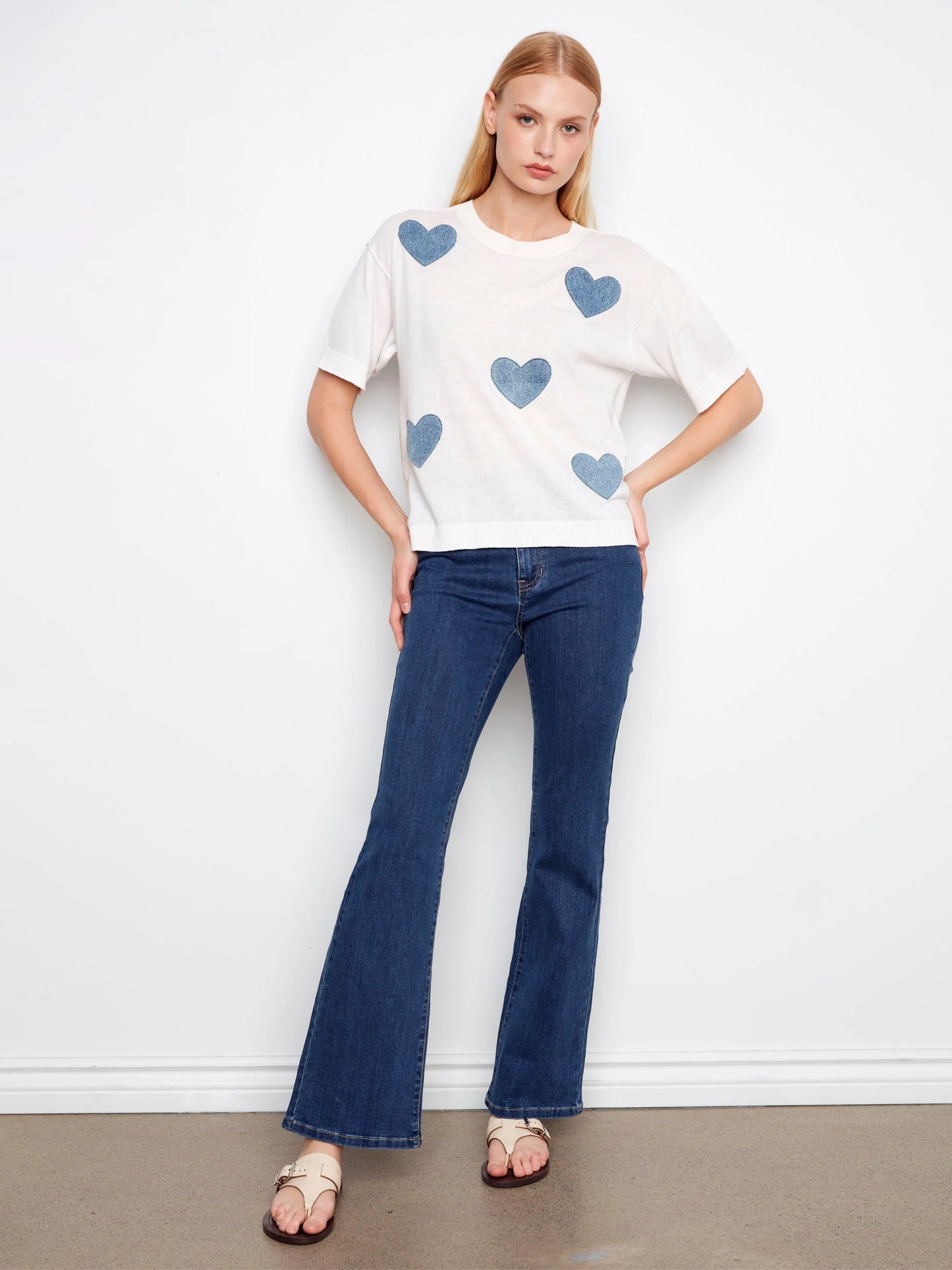 Charlie B-C2947H-P461-Short Sleeve Denim Patches Crew Neck Sweater-Hearts - The Coach Pyramids