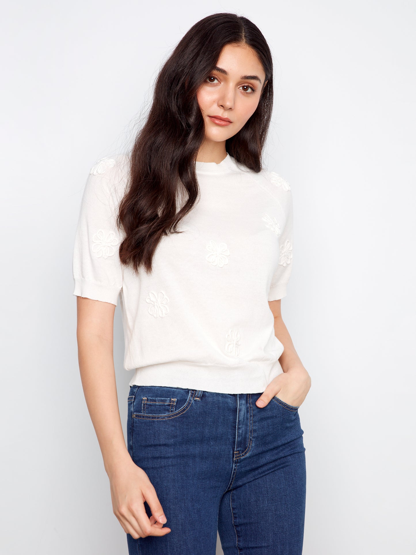 Charlie B-C2969-002-Raglan Elbow Sleeve Sweater W/Flowers Soutache Detail-White - The Coach Pyramids