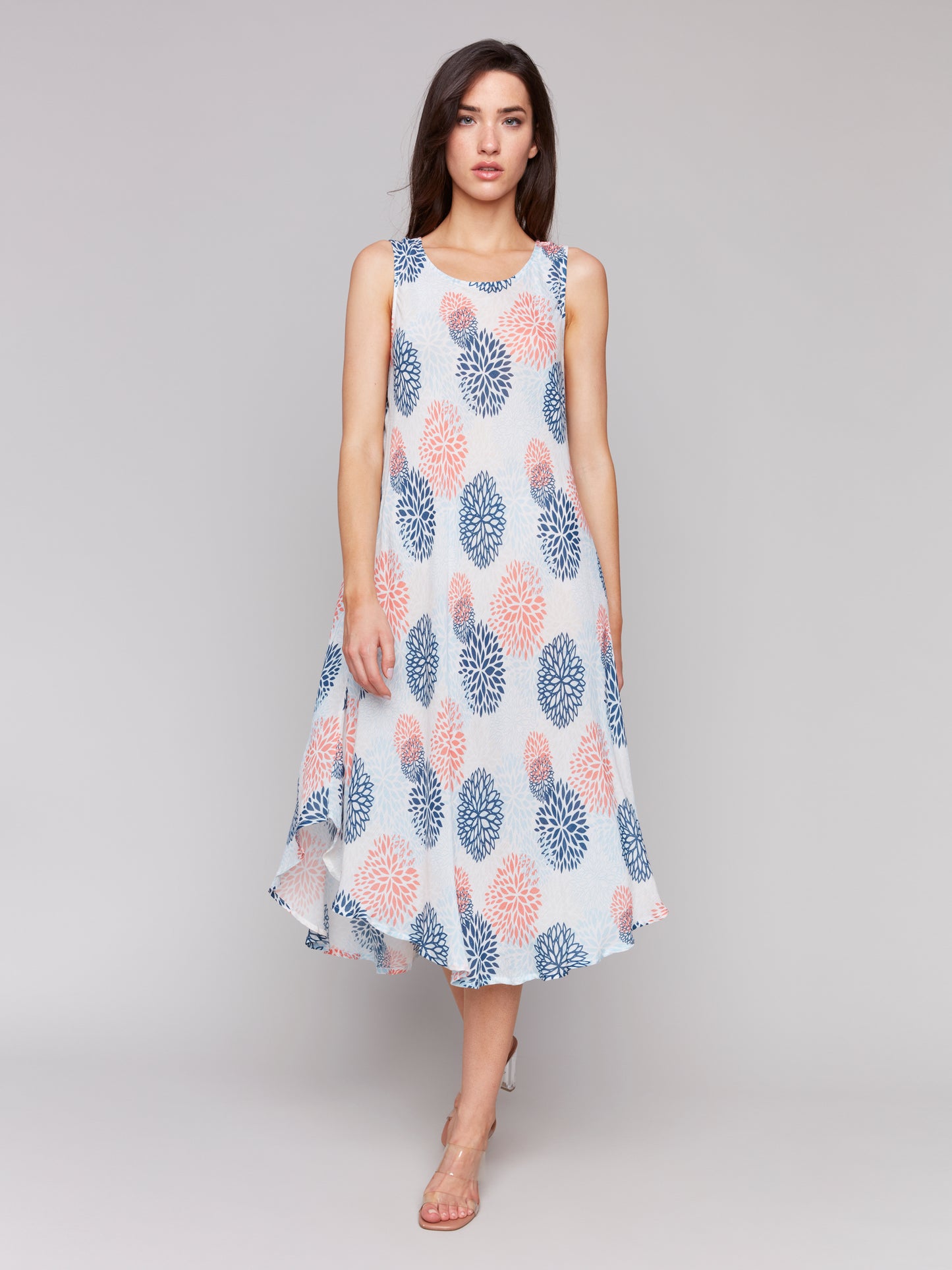 Charlie B Spring/Summer 2025-C3147RR-P847-Printed Sleeveless Flare Rayon Dress-Jasmine - The Coach Pyramids