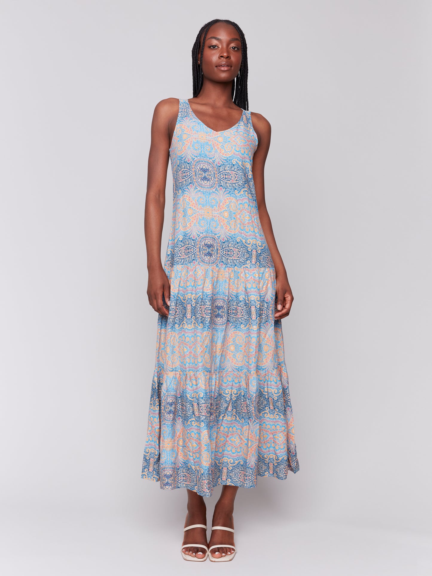 Charlie B Spring/Summer 2025-C3169RP-P378-Printed Sleeveless Maxi Dress-Papaya - The Coach Pyramids