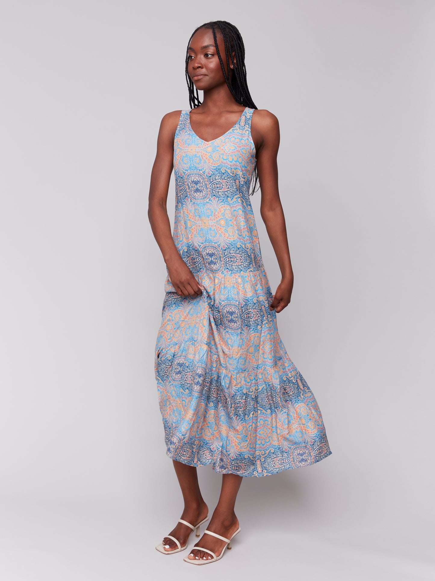 Charlie B Spring/Summer 2025-C3169RP-P378-Printed Sleeveless Maxi Dress-Papaya - The Coach Pyramids