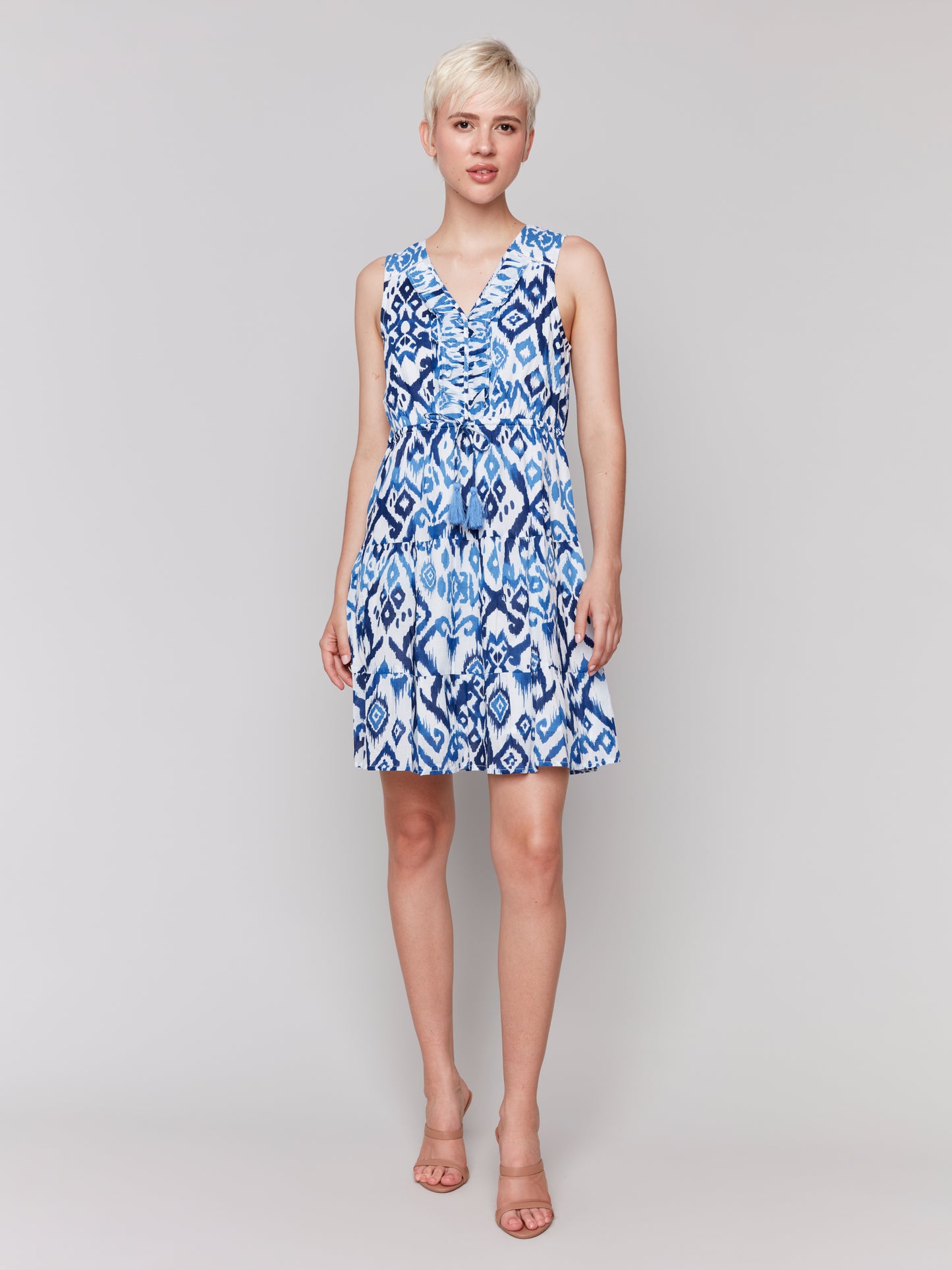 Charlie B Spring/Summer 2025-C3177RP-802B-Printed Sleeveless Ruffled Dress-Ikat - The Coach Pyramids