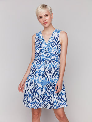 Charlie B Spring/Summer 2025-C3177RP-802B-Printed Sleeveless Ruffled Dress-Ikat