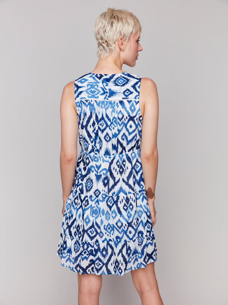 Charlie B Spring/Summer 2025-C3177RP-802B-Printed Sleeveless Ruffled Dress-Ikat