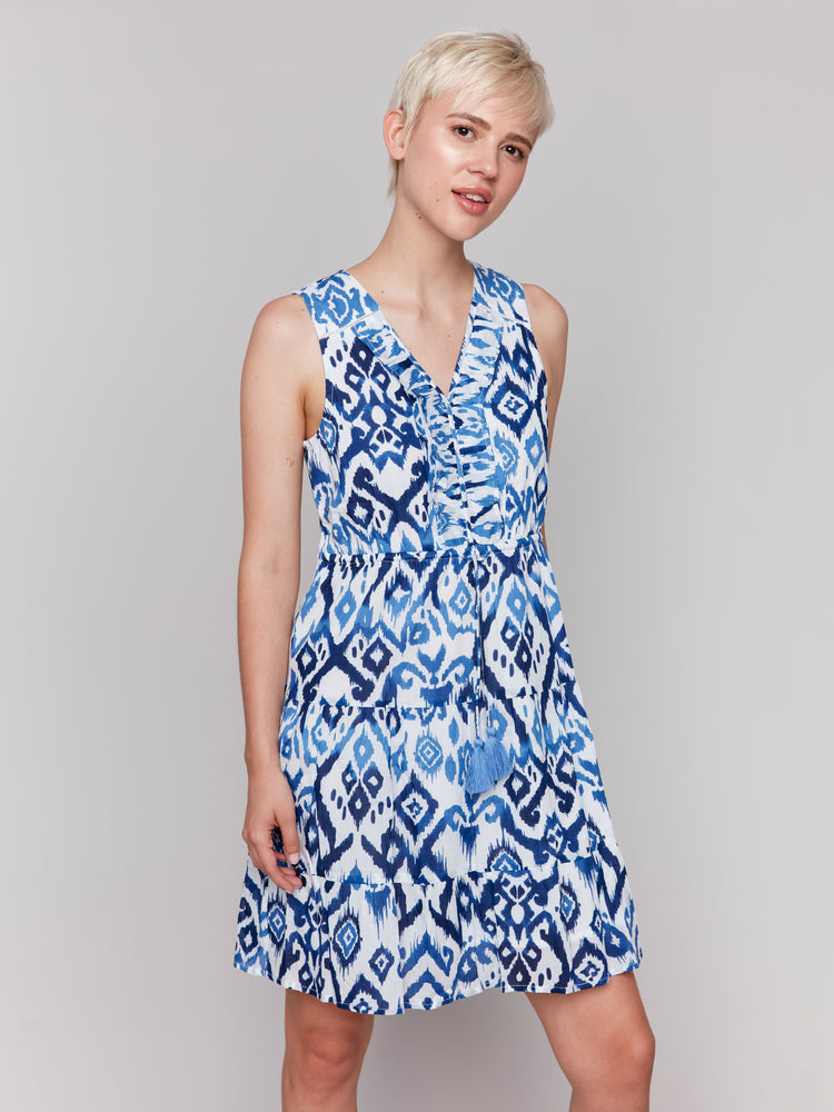 Charlie B Spring/Summer 2025-C3177RP-802B-Printed Sleeveless Ruffled Dress-Ikat