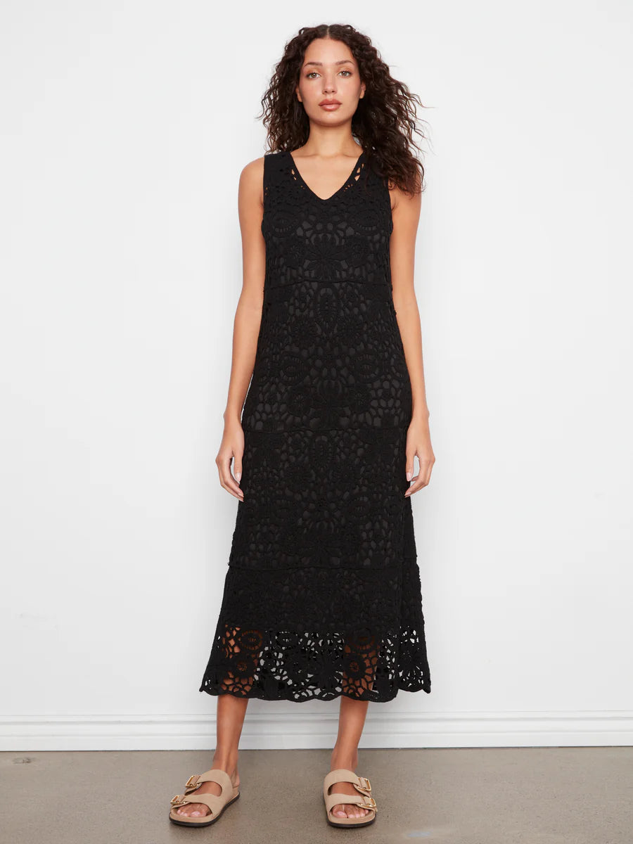 Charlie B-C3203B-001-Sleeveless V Neck Lined Crochet Dress-Black M / Black