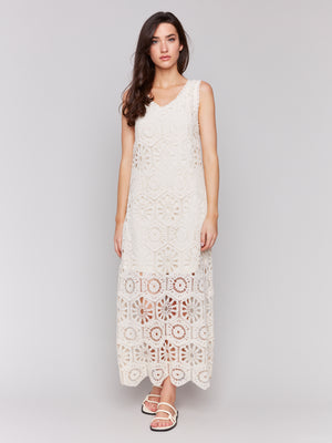 Charlie B Spring/Summer 2025-C3203-100-Crochet Sleeveless Maxi Dress-Natural