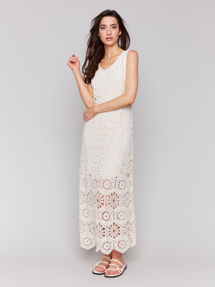 Charlie B Spring/Summer 2025-C3203-100-Crochet Sleeveless Maxi Dress-Natural