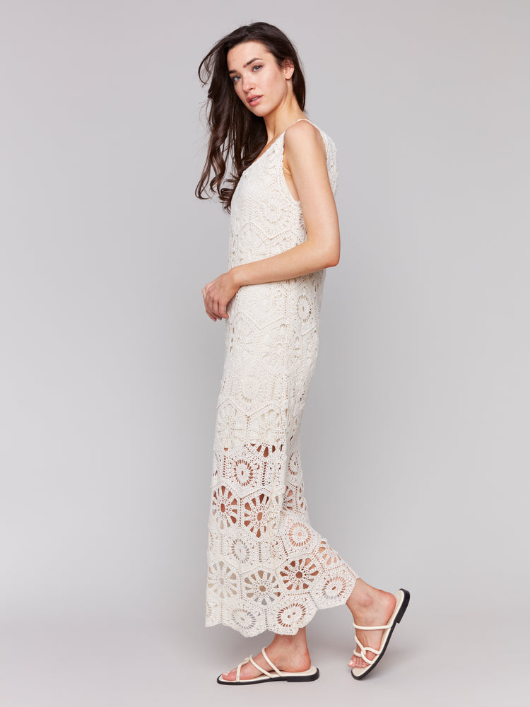 Charlie B Spring/Summer 2025-C3203-100-Crochet Sleeveless Maxi Dress-Natural