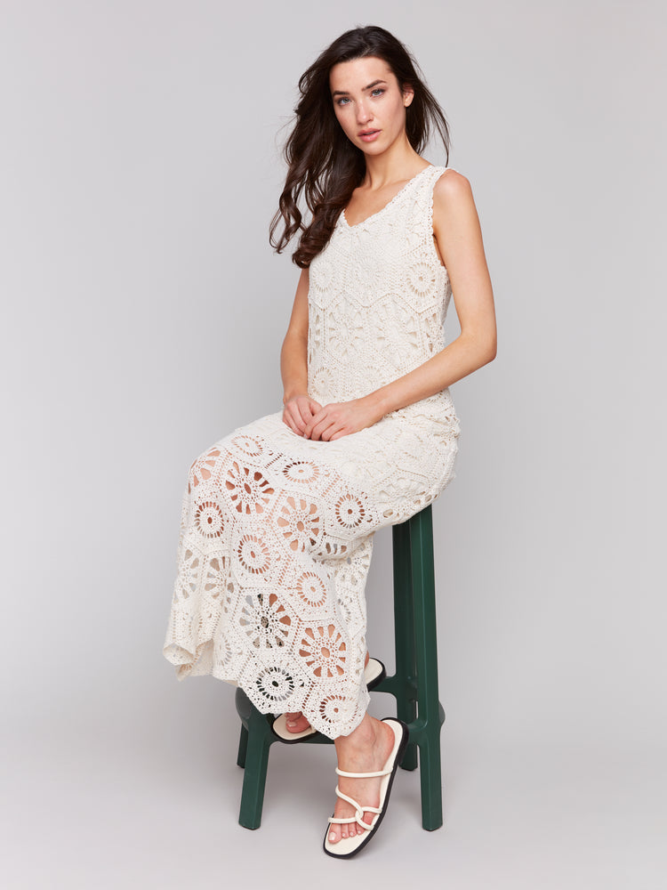 Charlie B Spring/Summer 2025-C3203-100-Crochet Sleeveless Maxi Dress-Natural