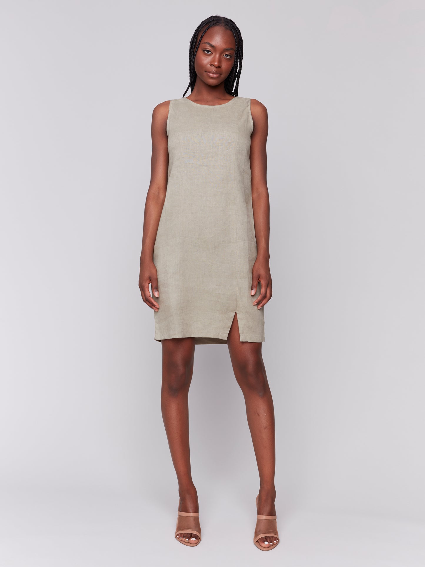 Charlie B Spring/Summer 2025-C3204S-375-Sleeveless Crew Neck Linen Dress-Celadon - The Coach Pyramids
