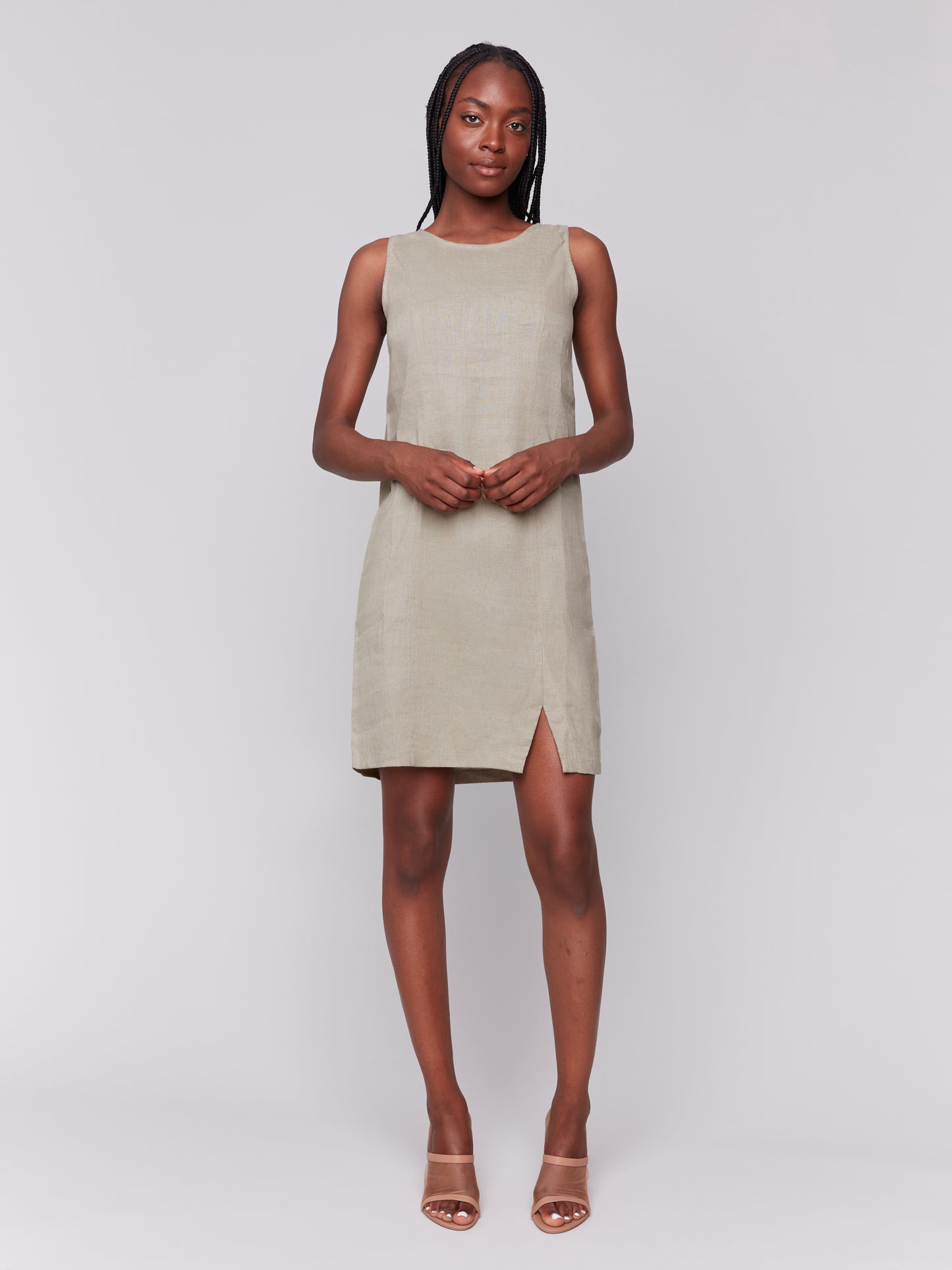 Charlie B Spring/Summer 2025-C3204S-375-Sleeveless Crew Neck Linen Dress-Celadon - The Coach Pyramids