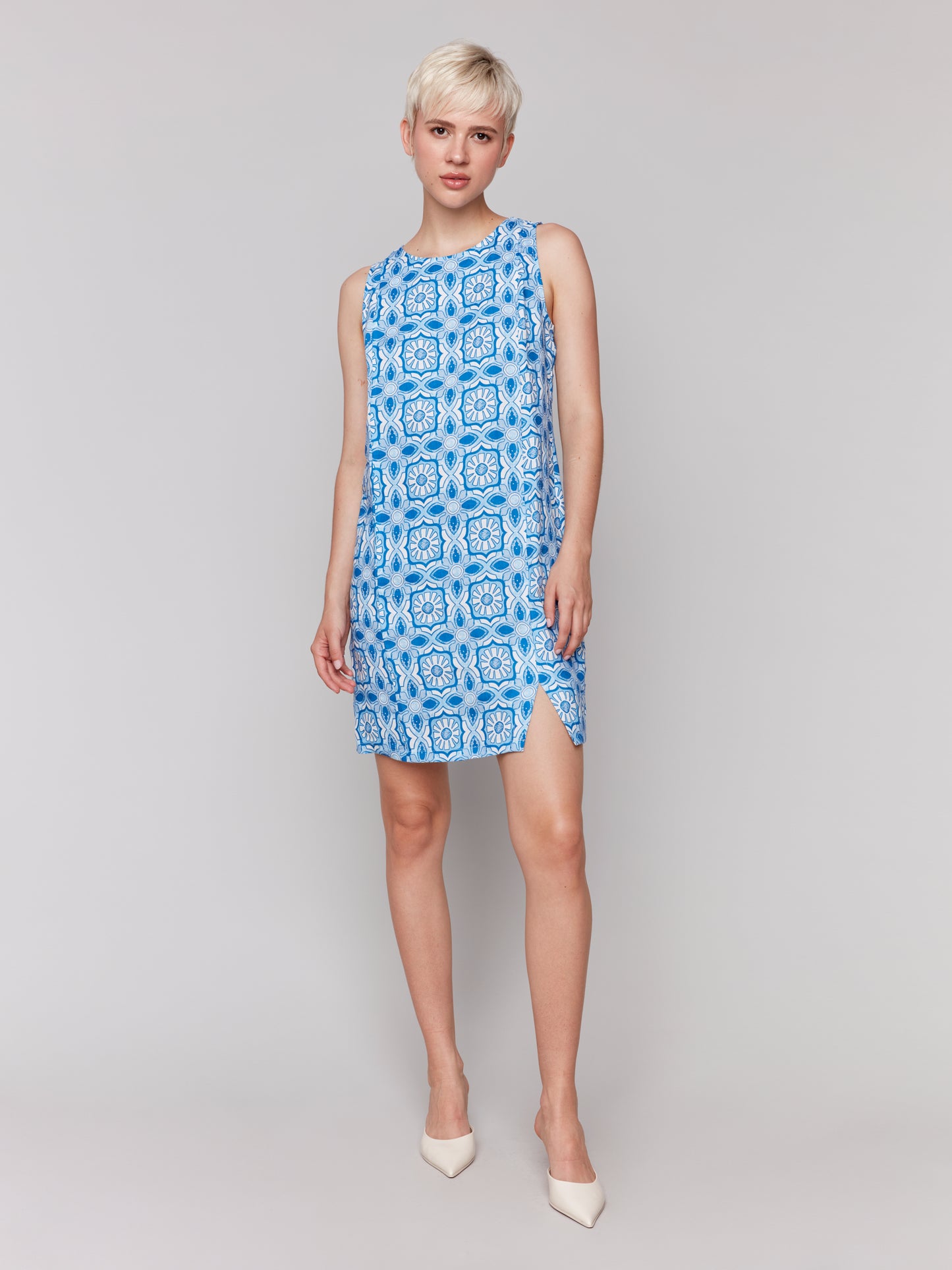 Charlie B Spring/Summer 2025-C3204-P832-Printed Sleeveless Crew Neck Dress-Illusion - The Coach Pyramids