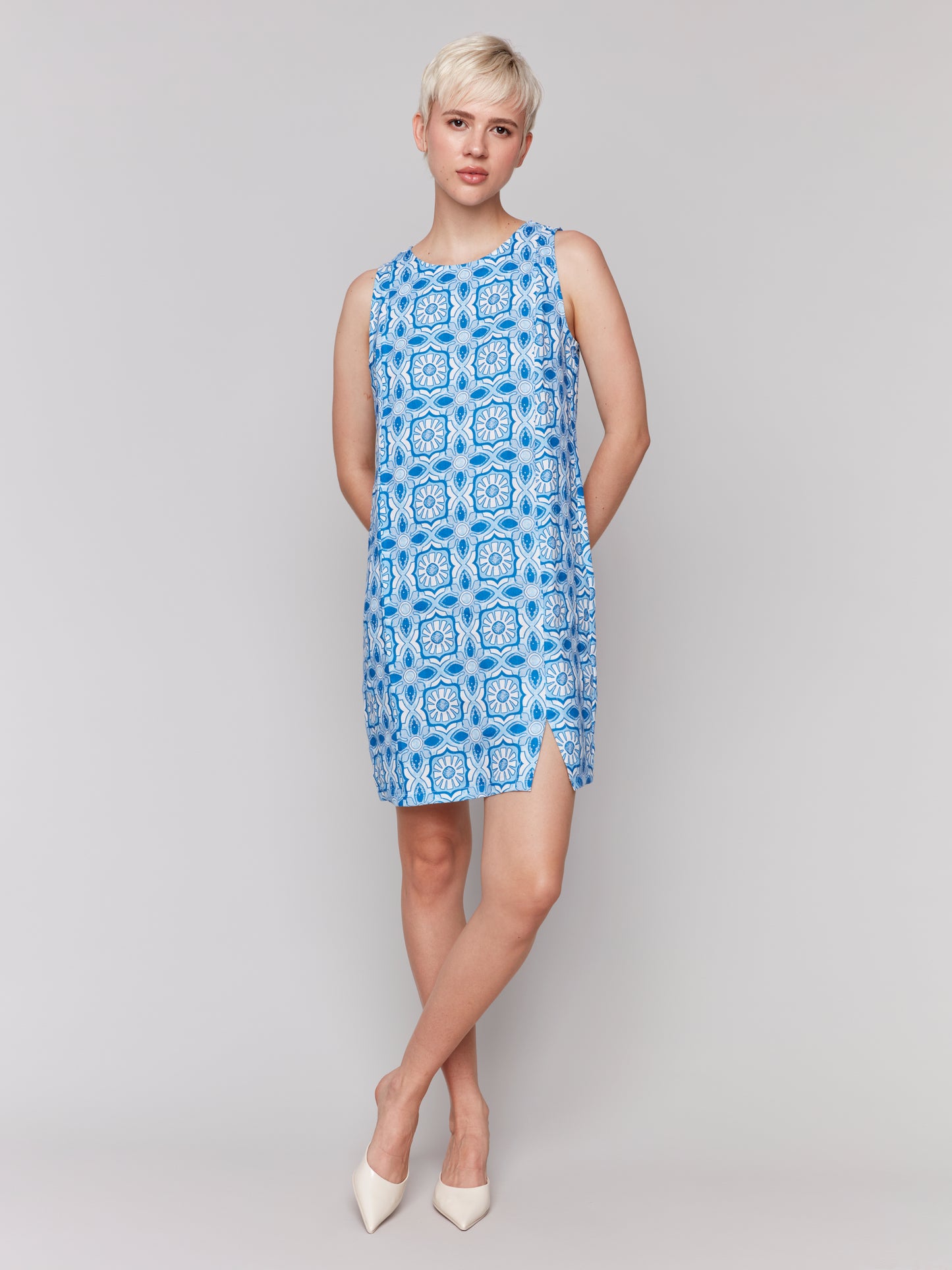 Charlie B Spring/Summer 2025-C3204-P832-Printed Sleeveless Crew Neck Dress-Illusion - The Coach Pyramids