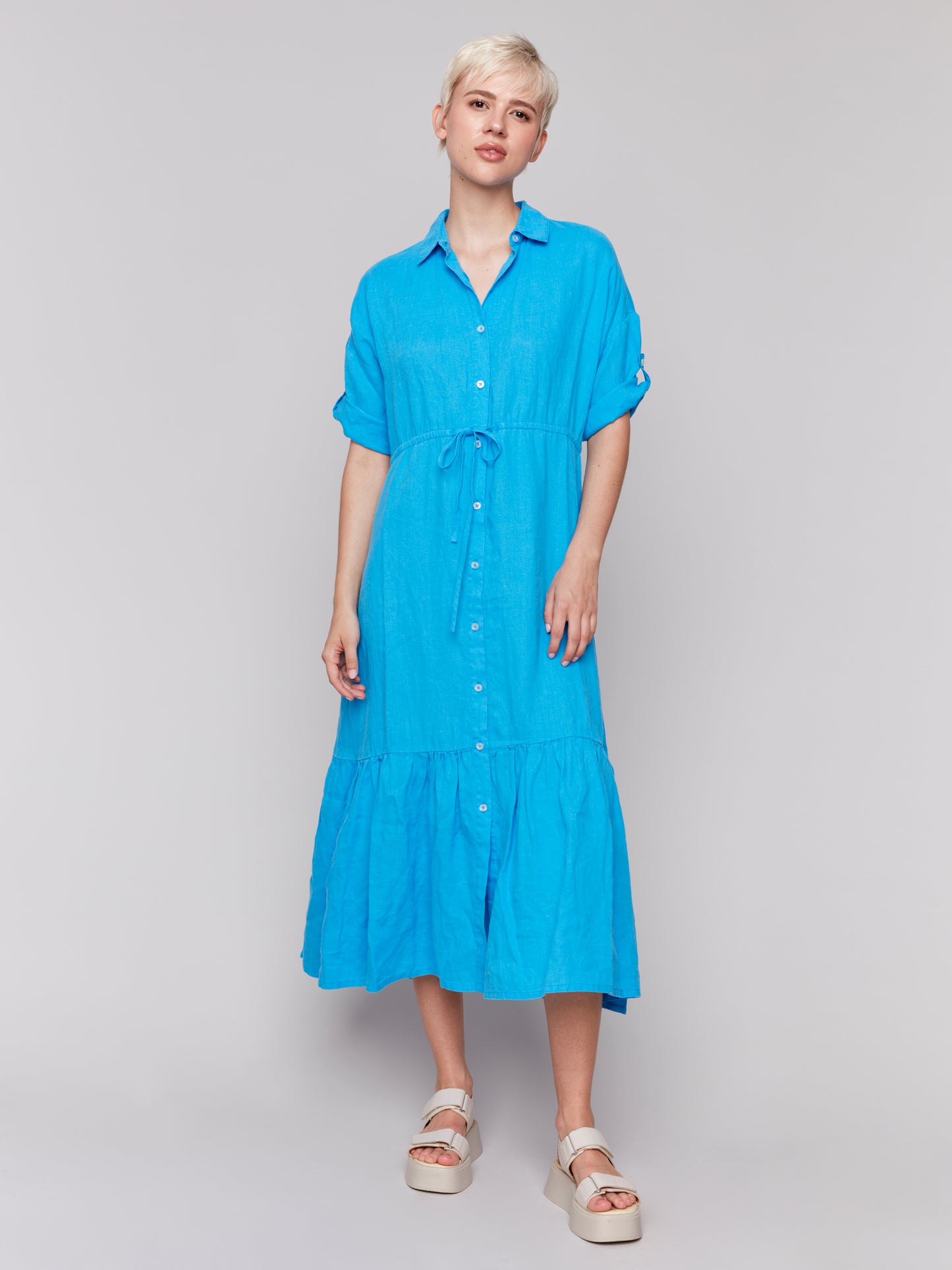 Charlie B Spring/Summer 2025-C3205-057-Buttoned Front Long Woven Dress W/Shirt Collar-Lagoon - The Coach Pyramids