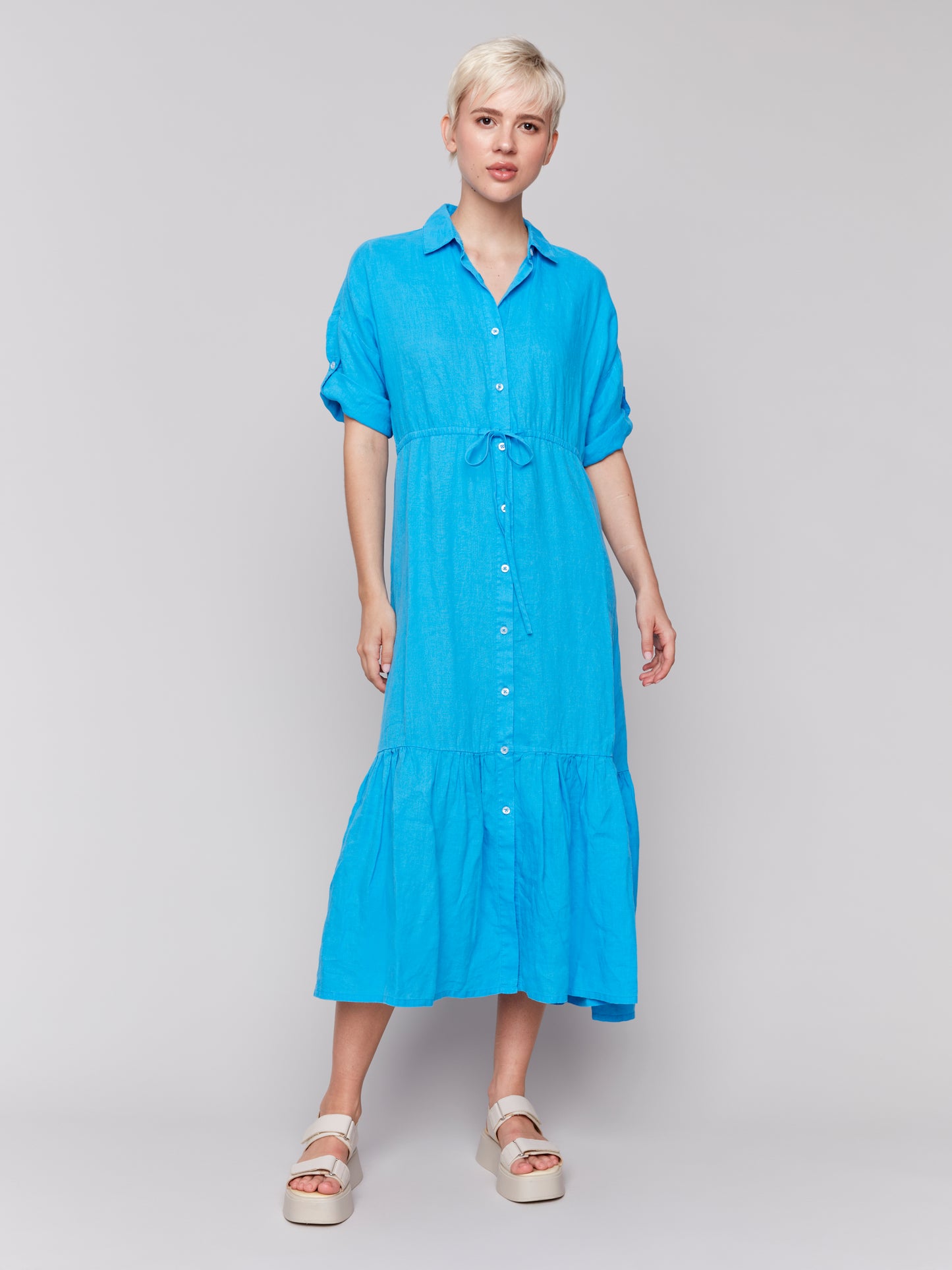 Charlie B Spring/Summer 2025-C3205-057-Buttoned Front Long Woven Dress W/Shirt Collar-Lagoon - The Coach Pyramids