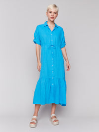 Charlie B Spring/Summer 2025-C3205-057-Buttoned Front Long Woven Dress W/Shirt Collar-Lagoon - The Coach Pyramids